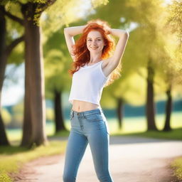 A skinny, red-haired girl who is very flexible