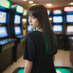 casual photograpy by kodak from the back, female , 23 year old with green eyes and black long hai with withe streaks in the bangs, ocational clothes.,freckles, playing arcade video games, medium distance shot, high detailed, 4k hd,  --styerw--v 5.2 ar 2-3