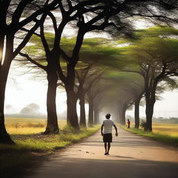 Uma pessoa caminhando em uma estrada aberta, deixando para trás bens materiais como dinheiro e objetos de valor, e se sentindo feliz e em paz