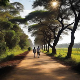 Uma pessoa caminhando em uma estrada aberta, deixando para trás bens materiais como dinheiro e objetos de valor, e se sentindo feliz e em paz