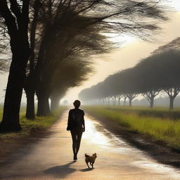 Uma pessoa caminhando em uma estrada aberta, deixando para trás bens materiais como dinheiro e objetos de valor, e se sentindo feliz e em paz