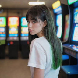 casual photograpy by kodak from the back, female , 23 year old with green eyes and black long hai with withe streaks in the bangs, ocational clothes.,freckles, playing arcade video games, medium distance shot, high detailed, 4k hd,  --styerw--v 5.2 ar 2-3