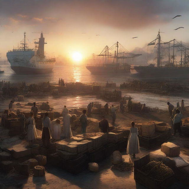 A cinematic, octane-rendered conceptual art of a sunset over a bustling cargo port with laborers