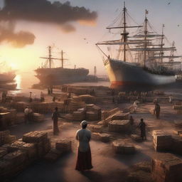 A cinematic, octane-rendered conceptual art of a sunset over a bustling cargo port with laborers