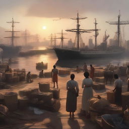 A cinematic, octane-rendered conceptual art of a sunset over a bustling cargo port with laborers