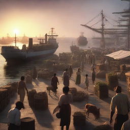 A cinematic, octane-rendered conceptual art of a sunset over a bustling cargo port with laborers