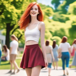 A skinny, red-haired girl who is very flexible and stands 1