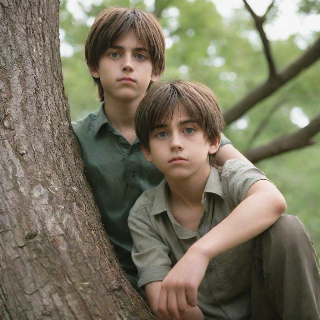 A boy, son of Eren Jaegar, with similar facial features, long adolescent brown hair, tall and slender, immersing himself in a photo of his mother atop a tree. His serious green eyes reflect nostalgia, while children play with their parents in the background.