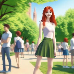 A skinny, red-haired girl who is very flexible and stands 1