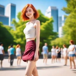 A skinny, red-haired girl who is very flexible and stands 1