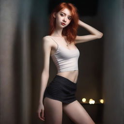 A skinny, red-haired girl who is very flexible and stands 1