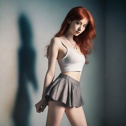 A skinny, red-haired girl who is very flexible and stands 1