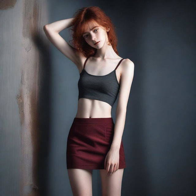 A skinny, red-haired girl who is very flexible and stands 1