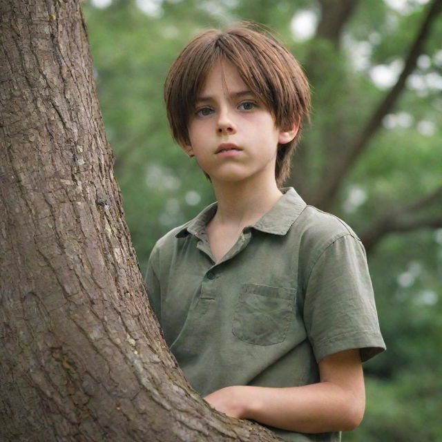 A boy, son of Eren Jaegar, with similar facial features, long adolescent brown hair, tall and slender, immersing himself in a photo of his mother atop a tree. His serious green eyes reflect nostalgia, while children play with their parents in the background.