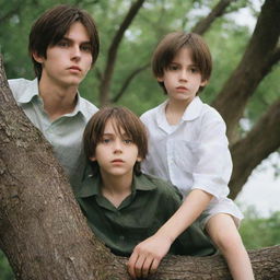 A boy, son of Eren Jaegar, with similar facial features, long adolescent brown hair, tall and slender, immersing himself in a photo of his mother atop a tree. His serious green eyes reflect nostalgia, while children play with their parents in the background.