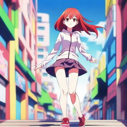 An anime-style depiction of a skinny, red-haired, white girl who is very flexible and stands 1