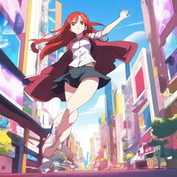 An anime-style depiction of a skinny, red-haired, white girl who is very flexible and stands 1