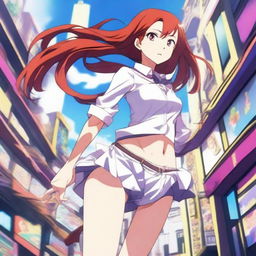 An anime-style depiction of a skinny, red-haired, white girl who is very flexible and stands 1