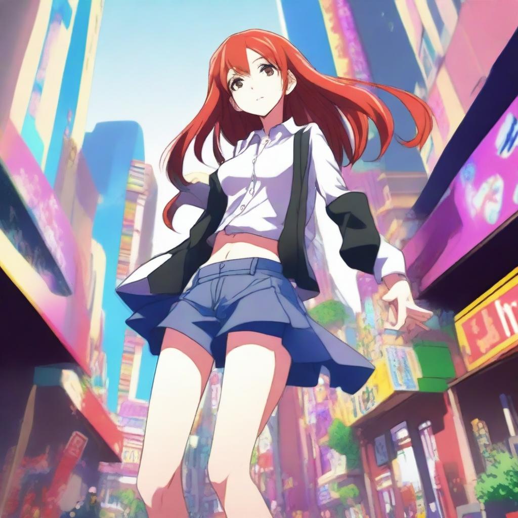 An anime-style depiction of a skinny, red-haired, white girl who is very flexible and stands 1