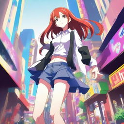 An anime-style depiction of a skinny, red-haired, white girl who is very flexible and stands 1