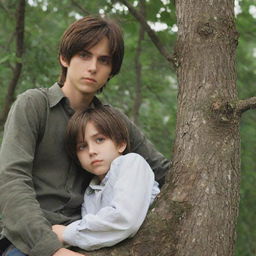 A boy, son of Eren Jaegar, with similar facial features, long adolescent brown hair, tall and slender, immersing himself in a photo of his mother atop a tree. His serious green eyes reflect nostalgia, while children play with their parents in the background.