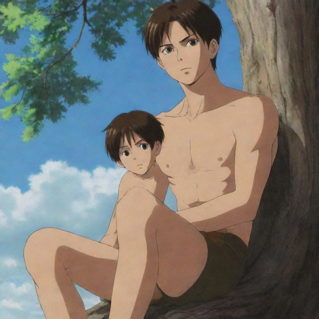 An anime depiction of Eren Jaeger's son with similar features, long adolescent brown hair, a tall, slightly thin, and marked physique. He sits atop a tree with a serious expression, gazing at a photo of his mother.