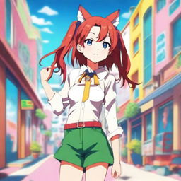 An anime-style depiction of a skinny, red-haired girl who is very flexible and stands 1