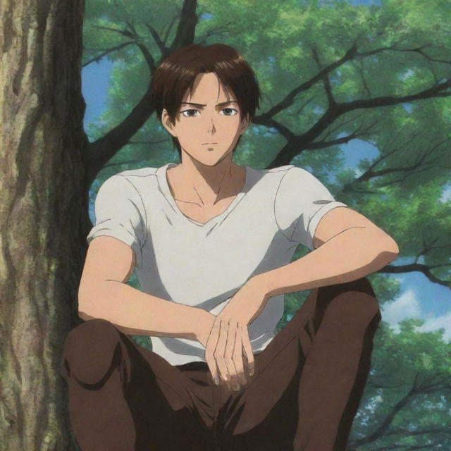 An anime depiction of Eren Jaeger's son with similar features, long adolescent brown hair, a tall, slightly thin, and marked physique. He sits atop a tree with a serious expression, gazing at a photo of his mother.