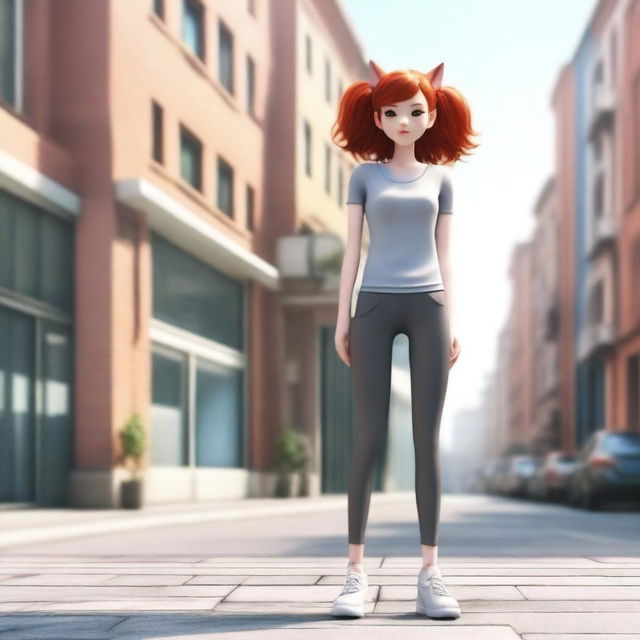 A realistic depiction of a skinny, red-haired girl who is very flexible and stands 1