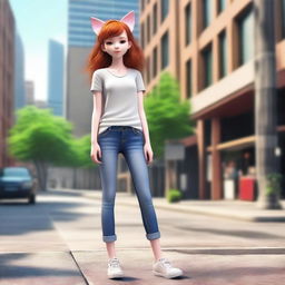 A realistic depiction of a skinny, red-haired girl who is very flexible and stands 1