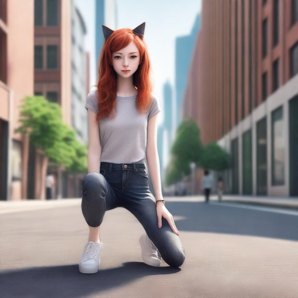 A photorealistic depiction of a skinny, red-haired girl who is very flexible and stands 1