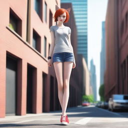 A photorealistic depiction of a skinny, red-haired girl who is very flexible and stands 1