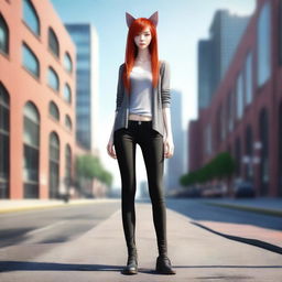 A photorealistic depiction of a skinny, red-haired girl who is very flexible and stands 1