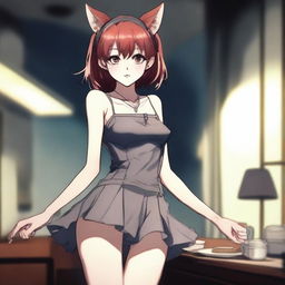 A depiction of a skinny, red-haired girl who is very flexible and stands 1