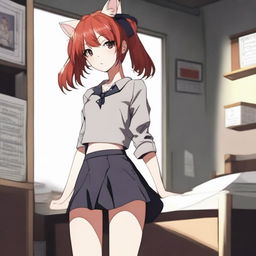 A depiction of a skinny, red-haired girl who is very flexible and stands 1