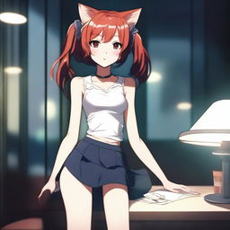 A depiction of a skinny, red-haired girl who is very flexible and stands 1