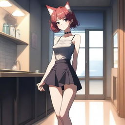 A depiction of a skinny, red-haired girl who is very flexible and stands 1