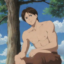 An anime depiction of Eren Jaeger's son with similar features, long adolescent brown hair, a tall, slightly thin, and marked physique. He sits atop a tree with a serious expression, gazing at a photo of his mother.