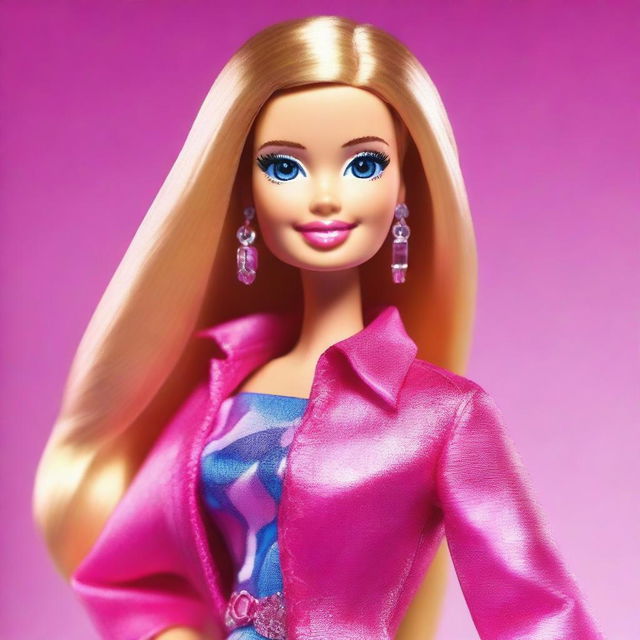 Create an image of a Barbie doll, showcasing her in a glamorous outfit with bright colors and stylish accessories