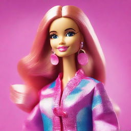 Create an image of a Barbie doll, showcasing her in a glamorous outfit with bright colors and stylish accessories