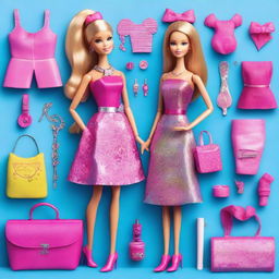 Create an image of a Barbie doll, showcasing her in a glamorous outfit with bright colors and stylish accessories