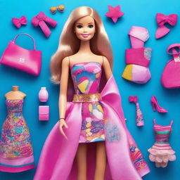 Create an image of a Barbie doll, showcasing her in a glamorous outfit with bright colors and stylish accessories