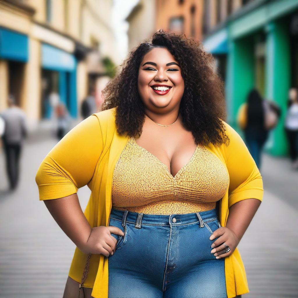 A joyful and confident plus-size girl, smiling and enjoying her day