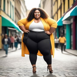 A joyful and confident plus-size girl, smiling and enjoying her day