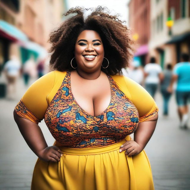 A joyful and confident plus-size girl, smiling and enjoying her day