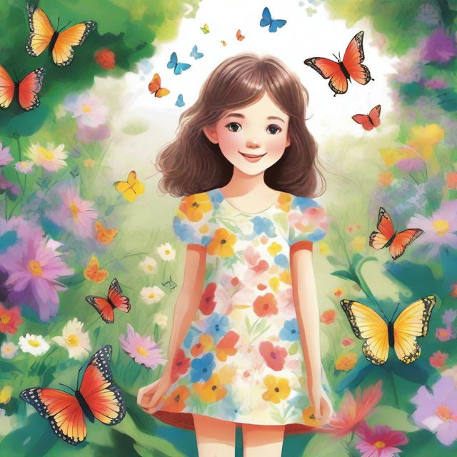 A detailed illustration of a young girl with a joyful expression, wearing a colorful dress, standing in a beautiful garden filled with flowers and butterflies