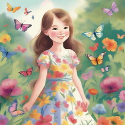 A detailed illustration of a young girl with a joyful expression, wearing a colorful dress, standing in a beautiful garden filled with flowers and butterflies