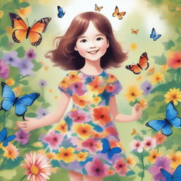 A detailed illustration of a young girl with a joyful expression, wearing a colorful dress, standing in a beautiful garden filled with flowers and butterflies