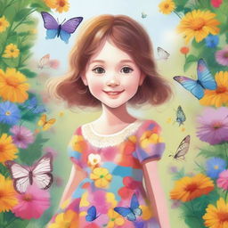 A detailed illustration of a young girl with a joyful expression, wearing a colorful dress, standing in a beautiful garden filled with flowers and butterflies