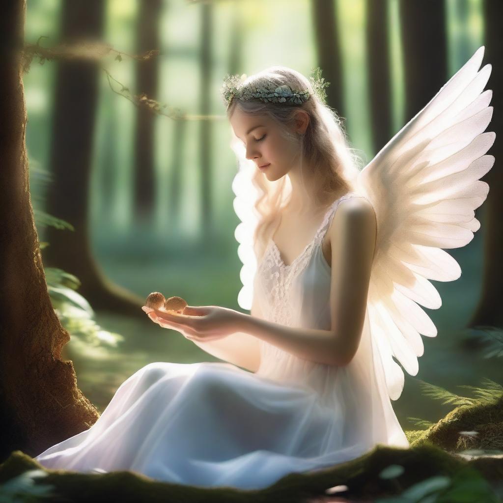 A 25-year-old angel girl with ethereal wings, sitting in a lush forest